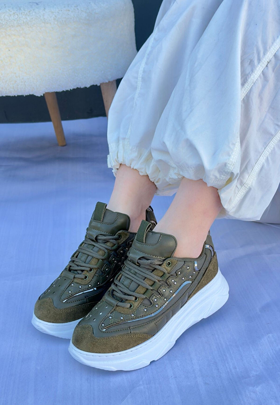 Pabucmarketi Yeşil Süet Bağcıklı Kadın Sneaker Ayakkabı