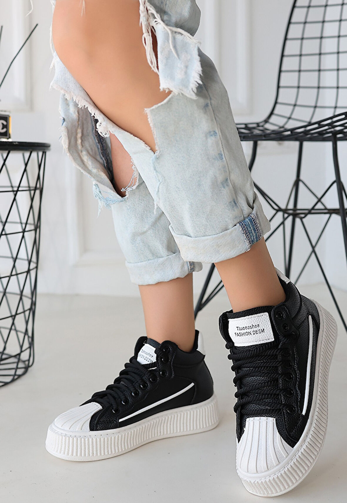 Pabucmarketi Siyah Suni Deri Bağcıklı Kadın Sneaker Kadın Ayakkabı