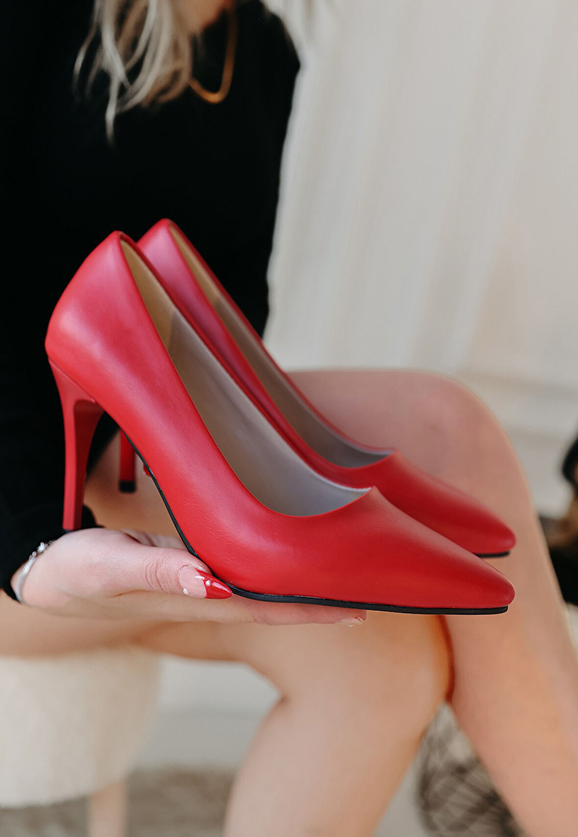 Pabucmarketi Kırmızı Suni Deri Stiletto Kadın Ayakkabı