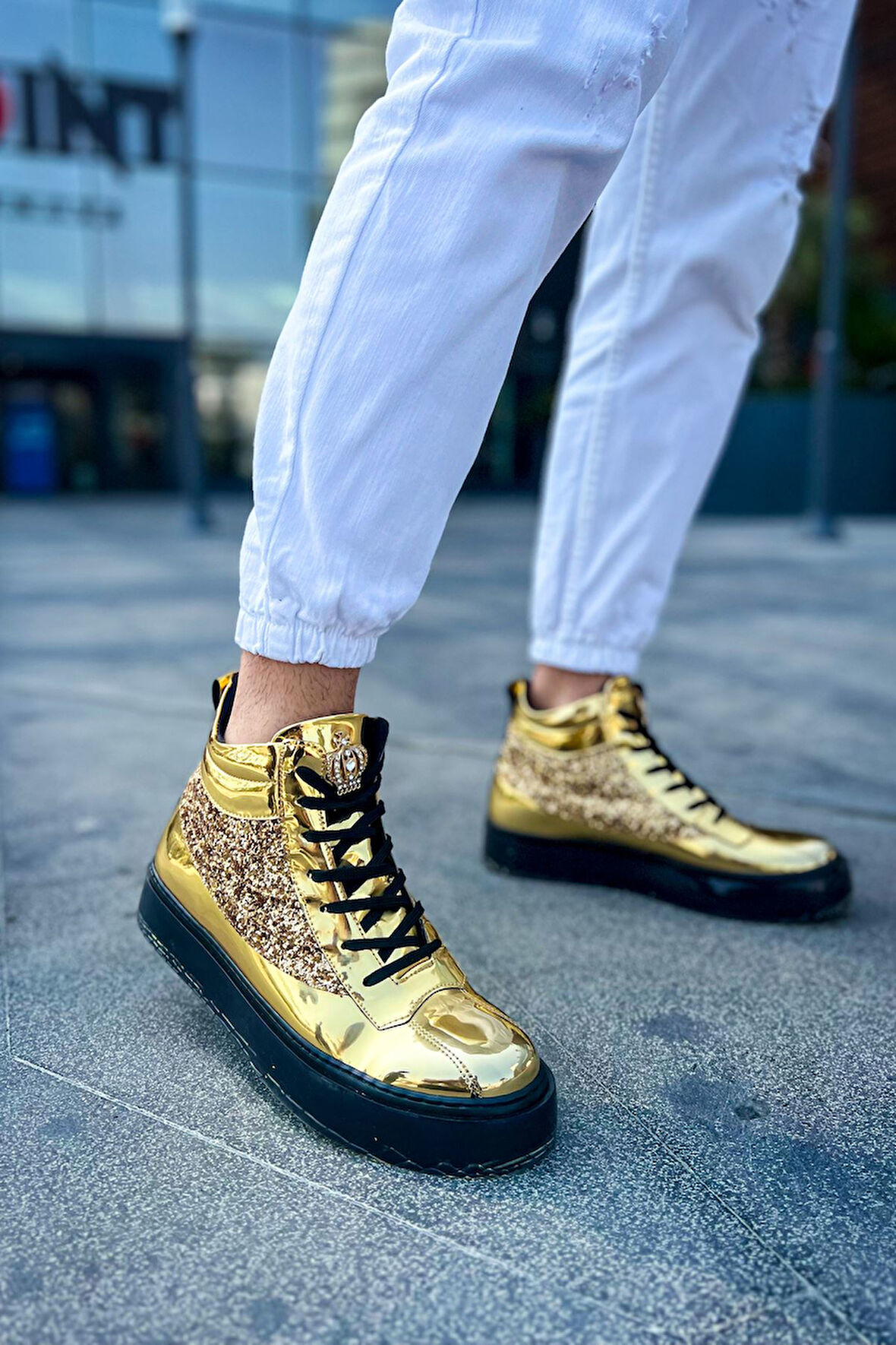 Pabucmarketi Bağcıklı Erkek Sneaker Bot Altın