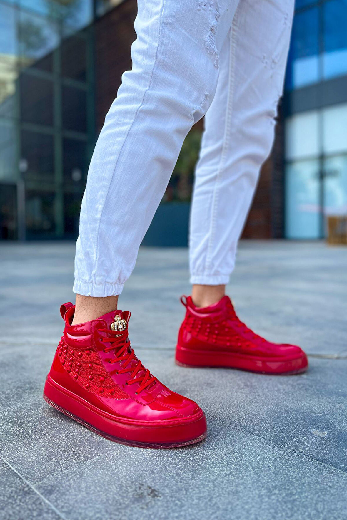 Pabucmarketi Bağcıklı Erkek Sneaker Bot Kırmızı