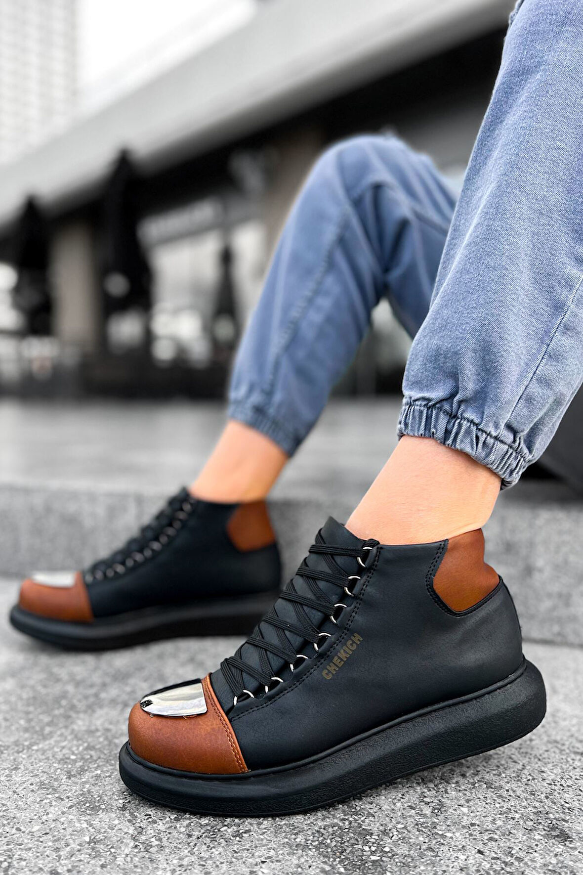 Pabucmarketi Bağcıklı Erkek Sneaker Bot Siyah Taba