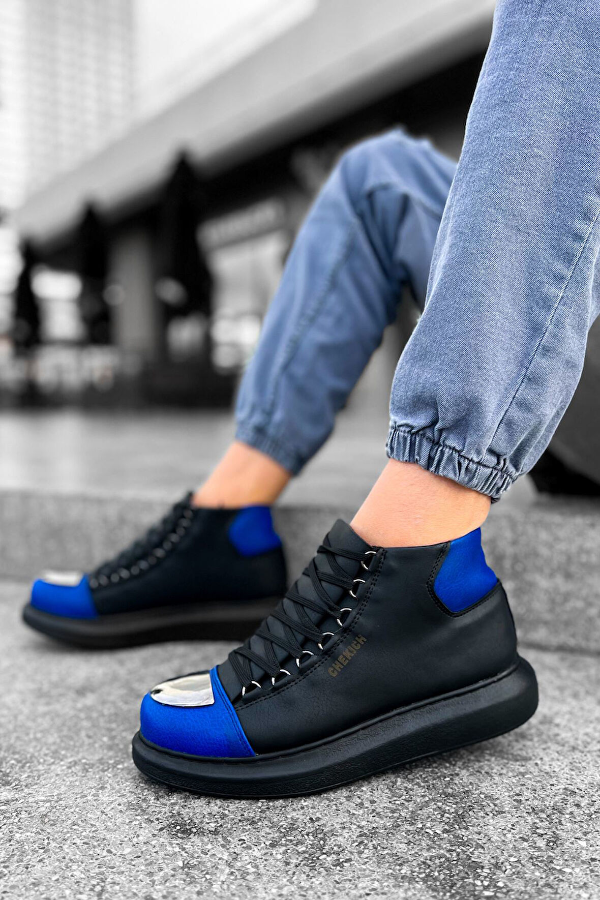 Pabucmarketi Bağcıklı Erkek Sneaker Bot Siyah Saks Mavi