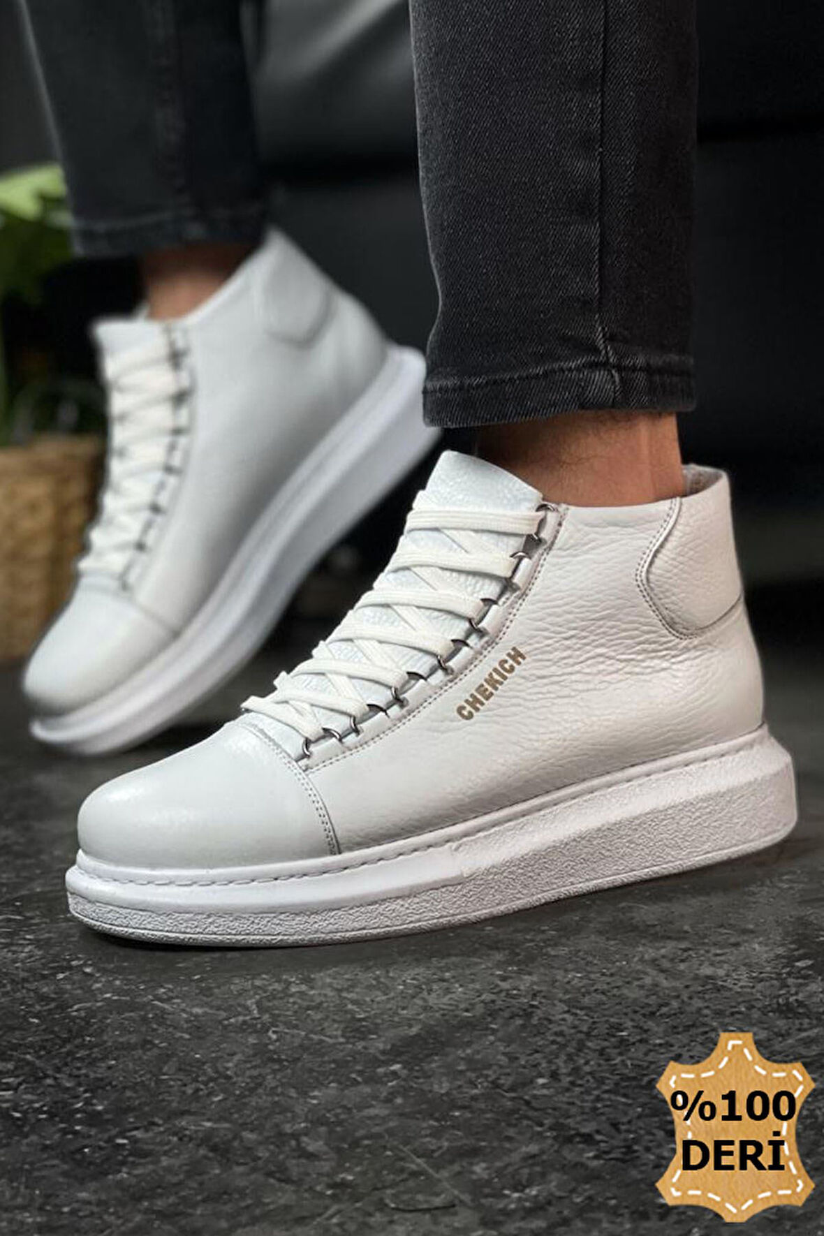 Pabucmarketi Bağcıklı Hakiki Deri Erkek Sneaker Bot Beyaz