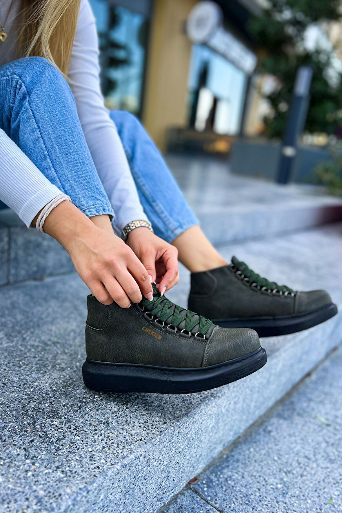 Pabucmarketi Bağcıklı Kadın Sneaker Bot Haki