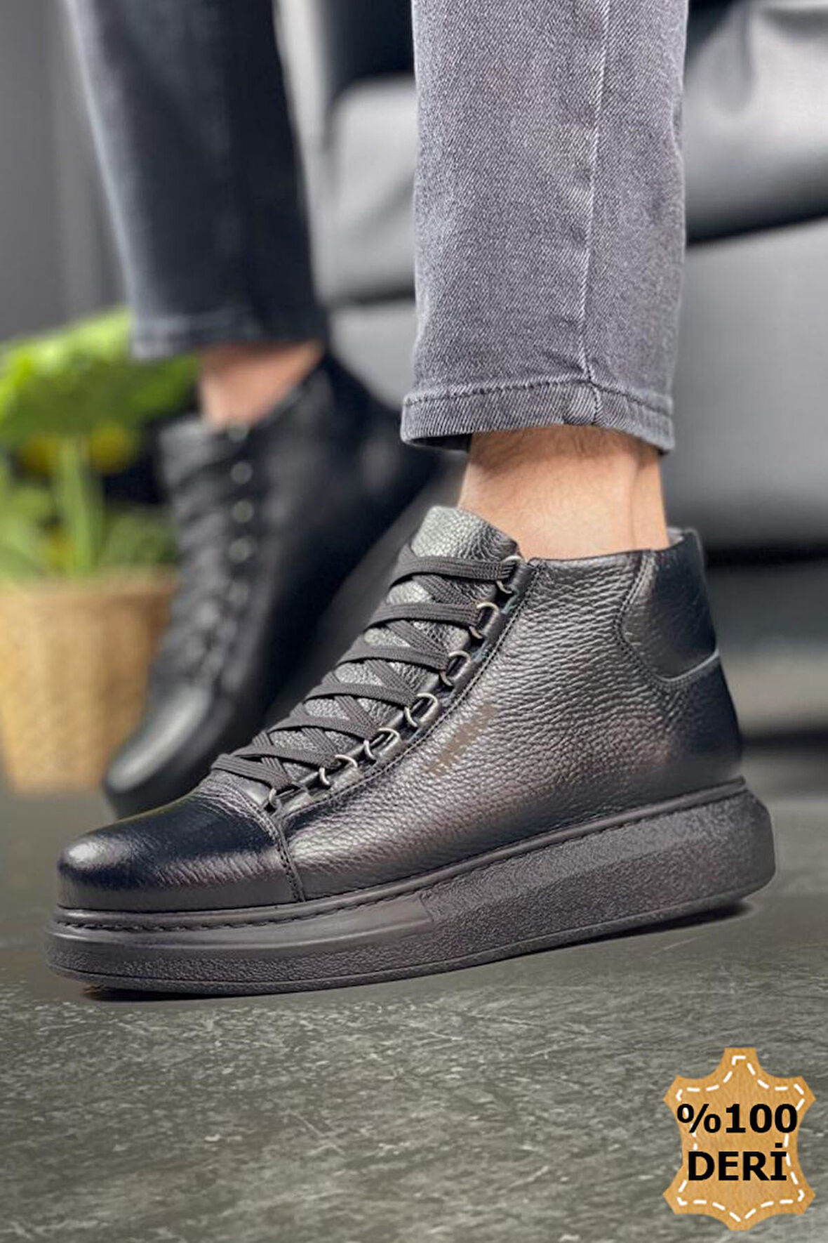 Pabucmarketi Bağcıklı Hakiki Deri Erkek Sneaker Bot Siyah