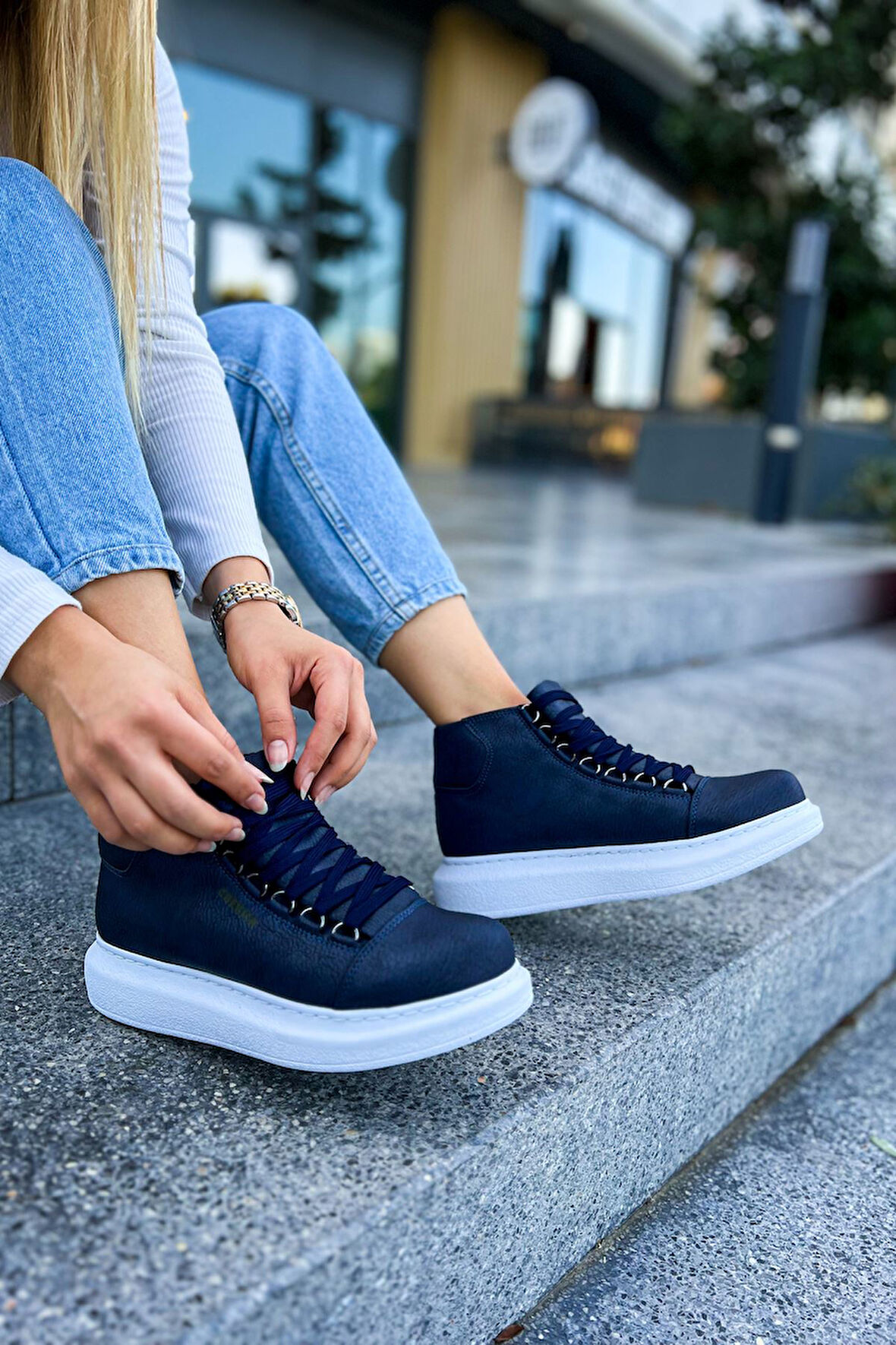 Pabucmarketi Bağcıklı Kadın Sneaker Bot Lacivert