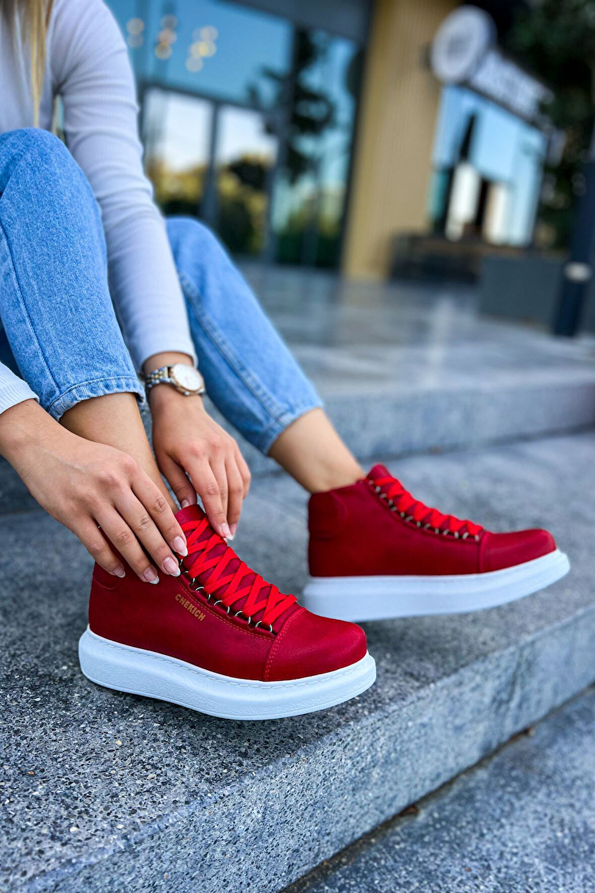 Pabucmarketi Bağcıklı Kadın Sneaker Bot Kırmızı