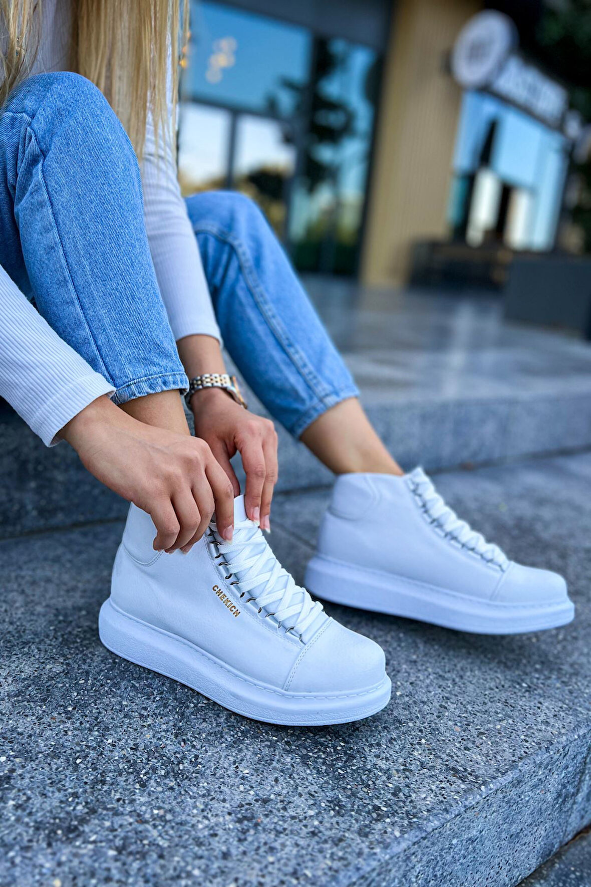 Pabucmarketi Bağcıklı Kadın Sneaker Bot Beyaz