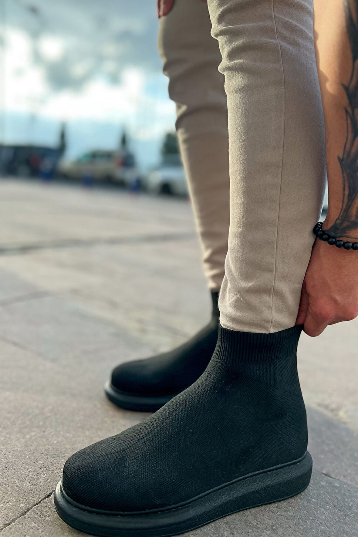 Pabucmarketi Düz Triko Erkek Sneaker Bot Siyah