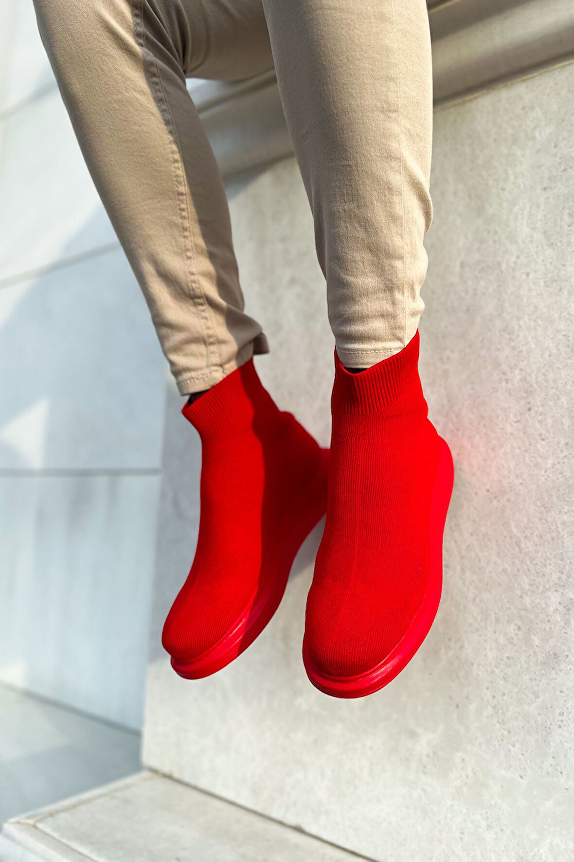 Pabucmarketi Düz Triko Erkek Sneaker Bot Kırmızı