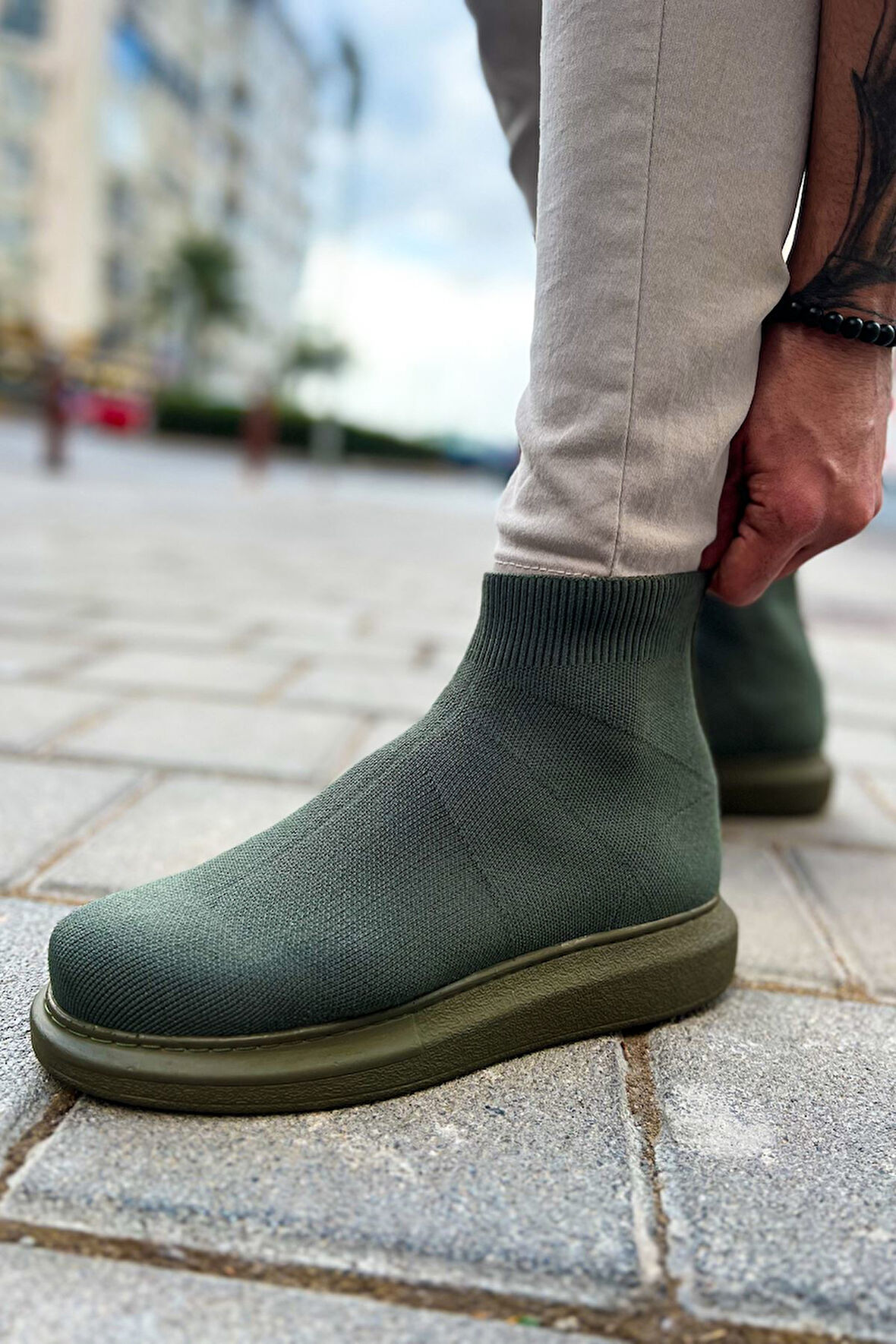 Pabucmarketi Düz Triko Erkek Sneaker Bot Haki