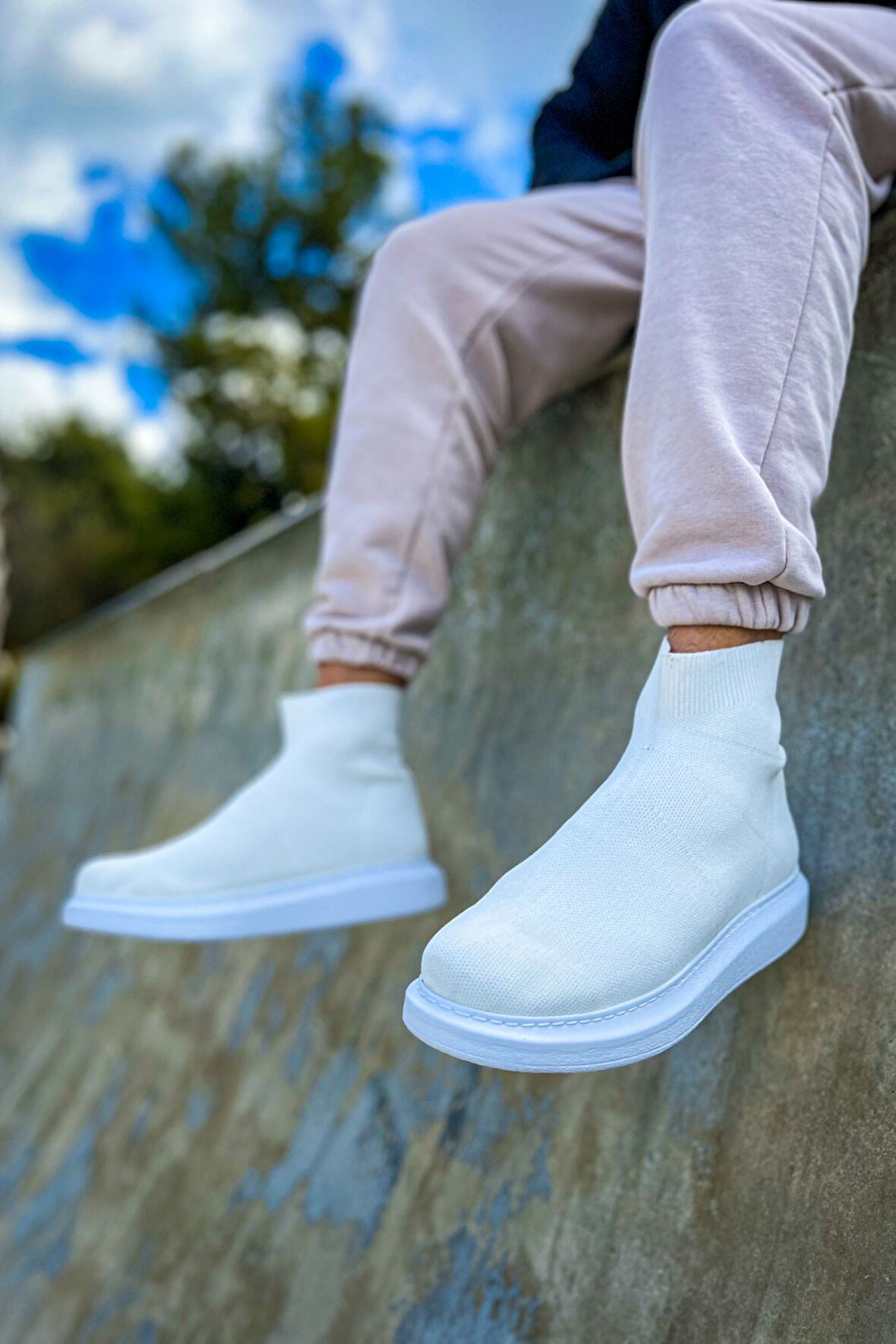 Pabucmarketi Düz Triko Erkek Sneaker Bot Beyaz