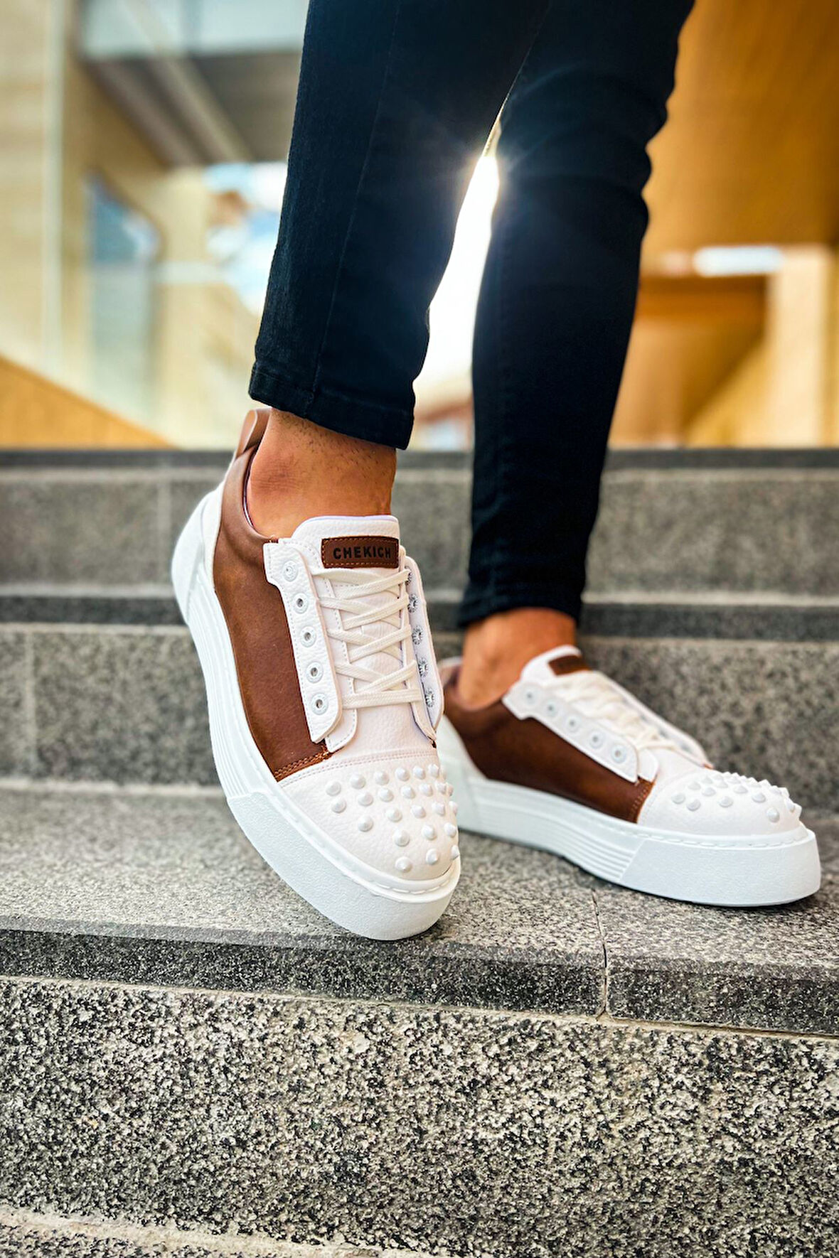 Pabucmarketi Bağcıklı Erkek Günlük Ayakkabı Beyaz Taba