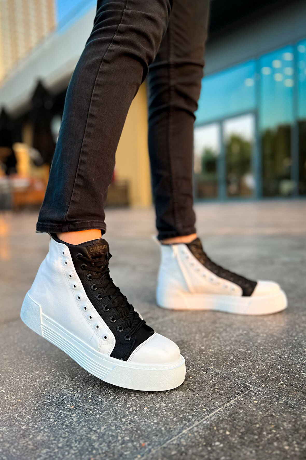 Pabucmarketi Fermuarlı Bağcık Detaylı Erkek Sneaker Bot Beyaz Siyah