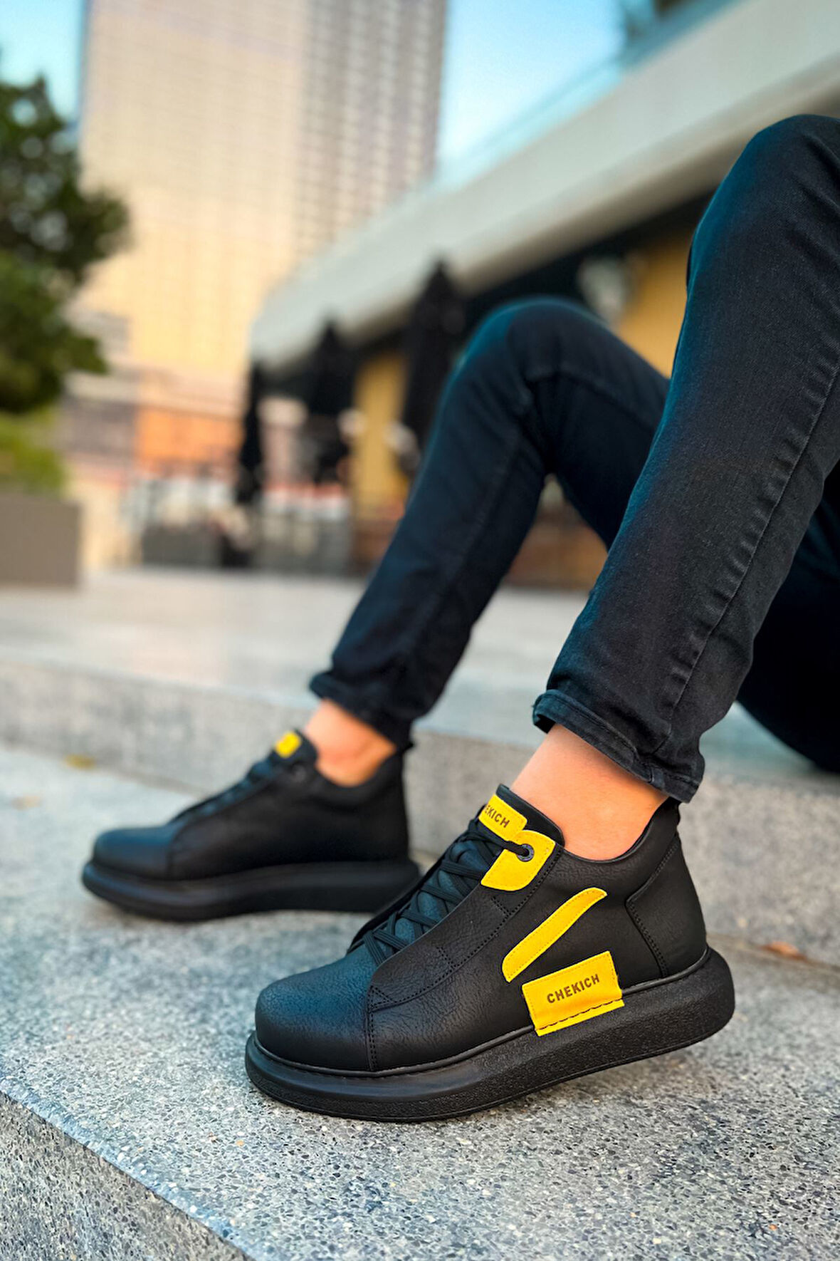 Pabucmarketi Bağcıklı Erkek Sneaker Bot Siyah Sarı