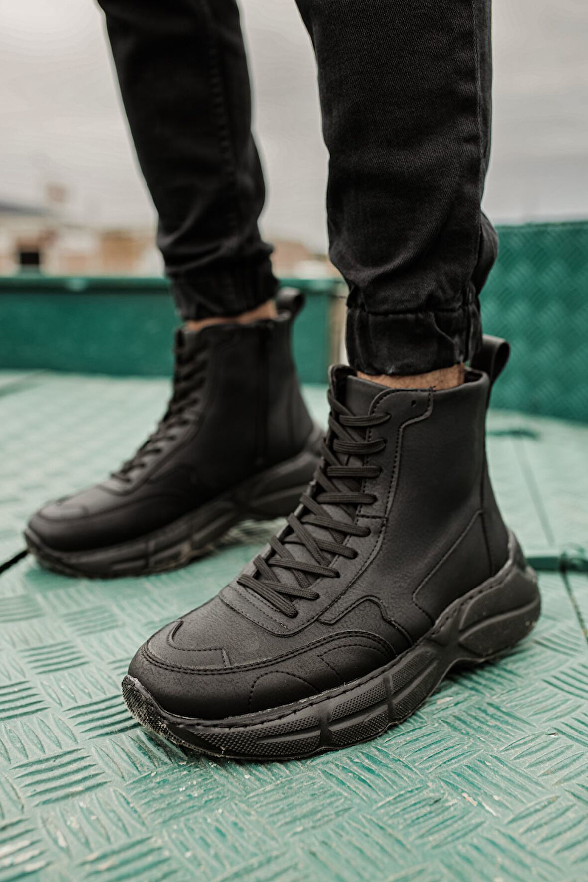 Pabucmarketi Fermuarlı Bağcık Detaylı Erkek Sneaker Bot Siyah