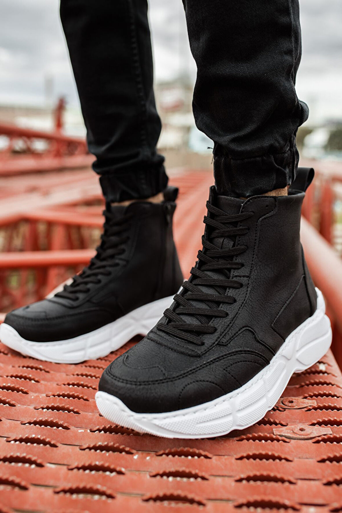 Pabucmarketi Fermuarlı Bağcık Detaylı Erkek Sneaker Bot Siyah