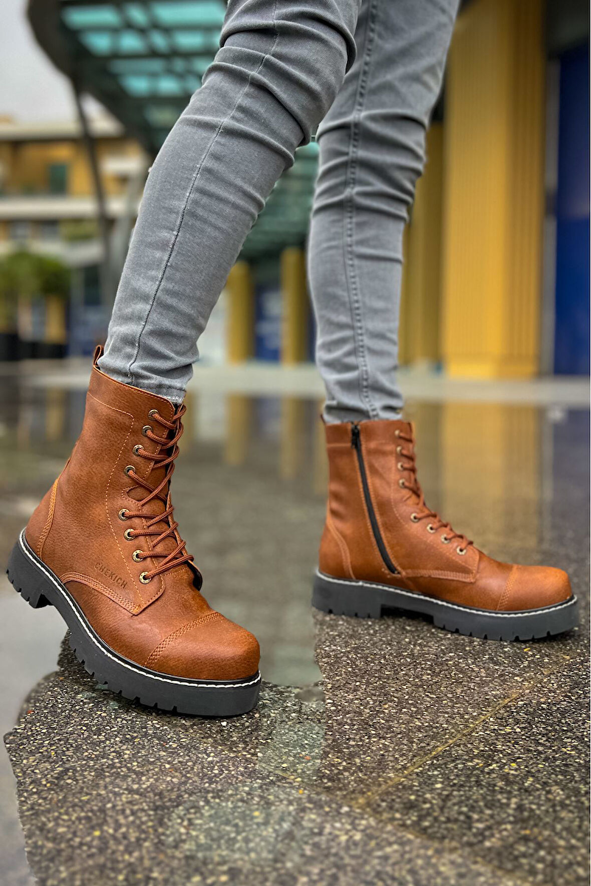Pabucmarketi Fermuarlı Bağcık Detaylı Erkek Worker Bot Taba