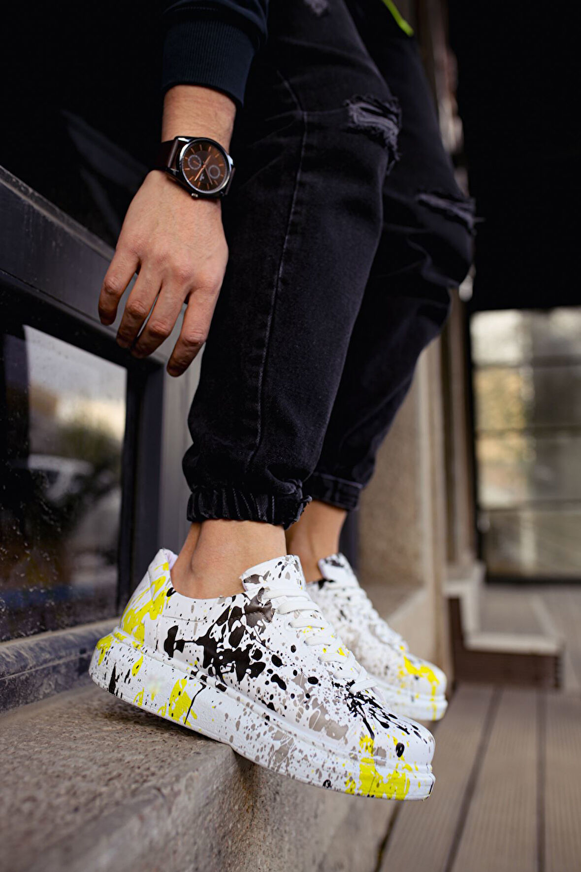 Pabucmarketi Bağcıklı Baskılı Erkek Spor Ayakkabı Beyaz Siyah Benekli