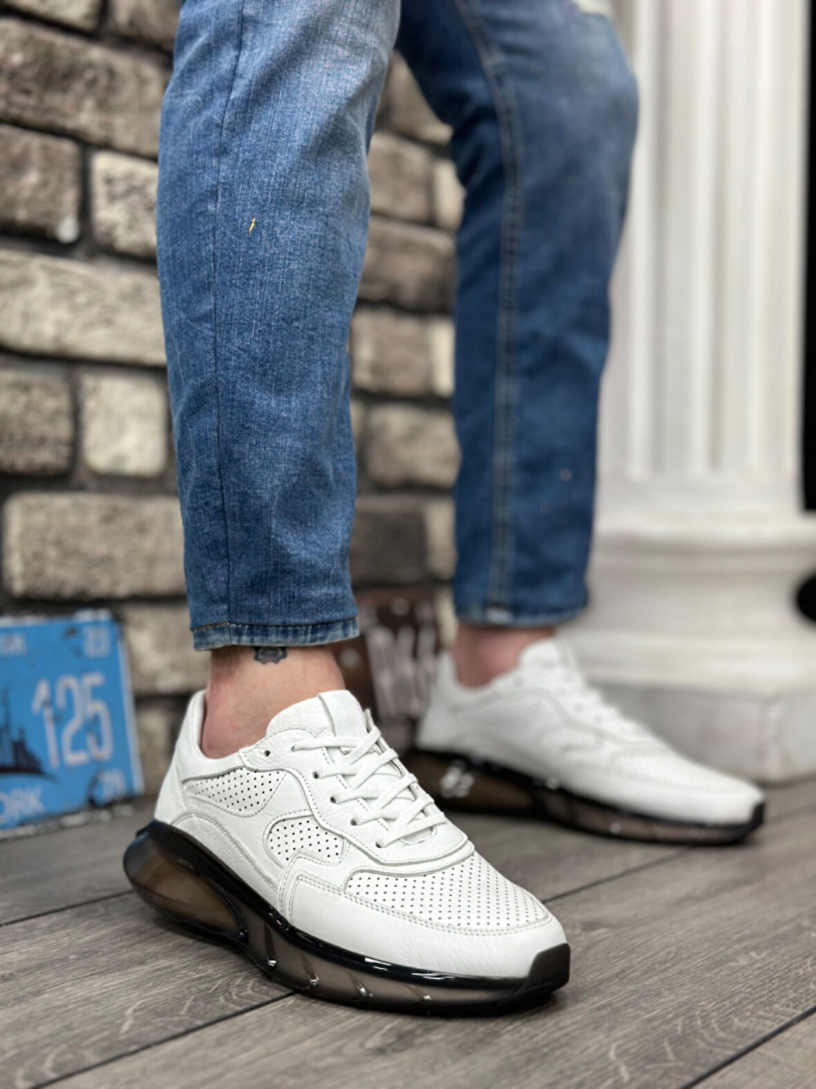 Pabucmarketi Bağcıklı İçi Dışı Hakiki Deri Erkek Sneakers Ayakkabı BEYAZ