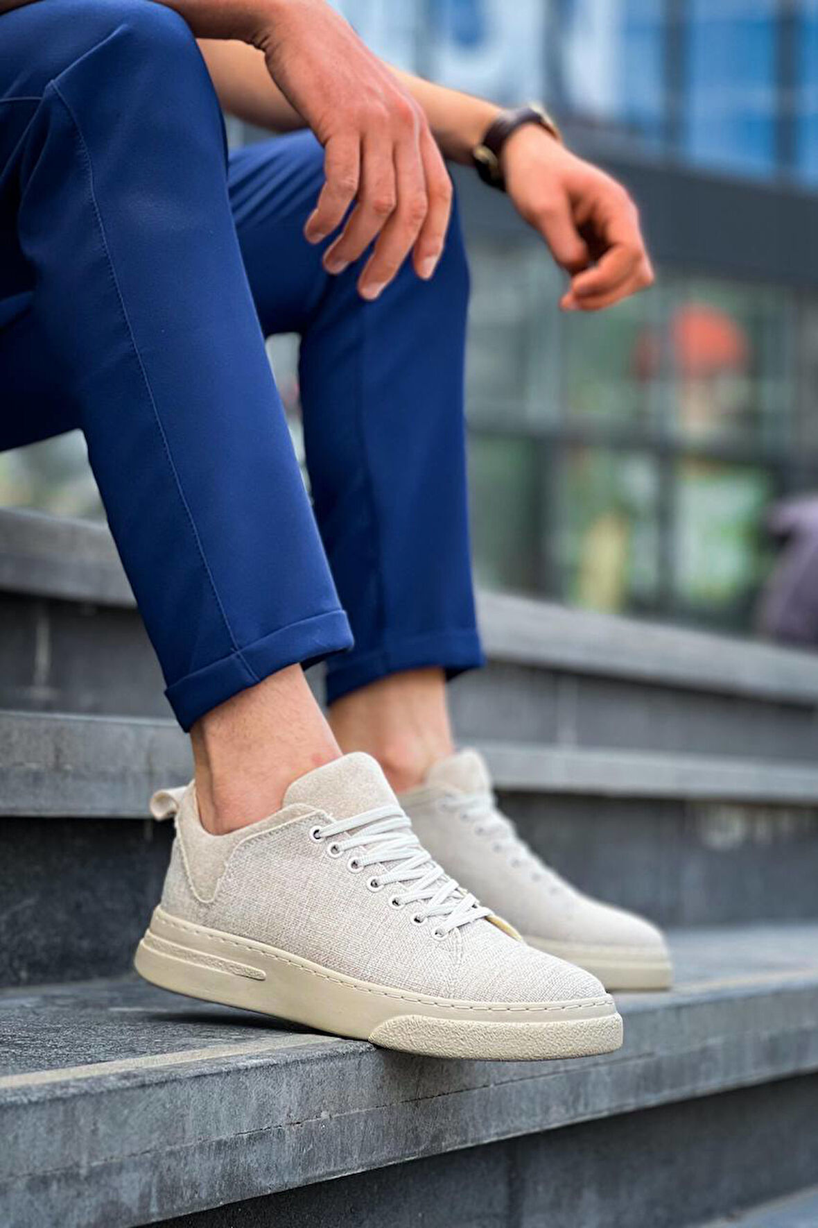 Pabucmarketi Bağcıklı Keten Erkek Hı Sneaker BEJ (BEJ TABAN)