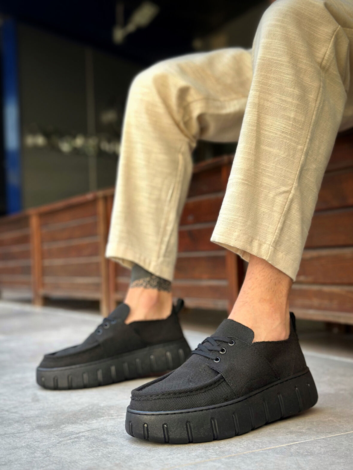 Pabucmarketi Bağcıklı Keten Erkek Günlük Ayakkabı SİYAH (SİYAH TABAN)