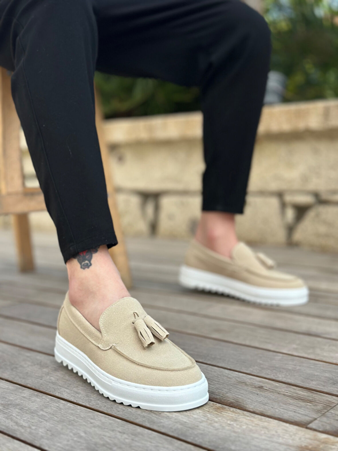 Pabucmarketi Bağcıksız Püsküllü Keten Erkek Ayakkabı KREM (BEYAZ TABAN)