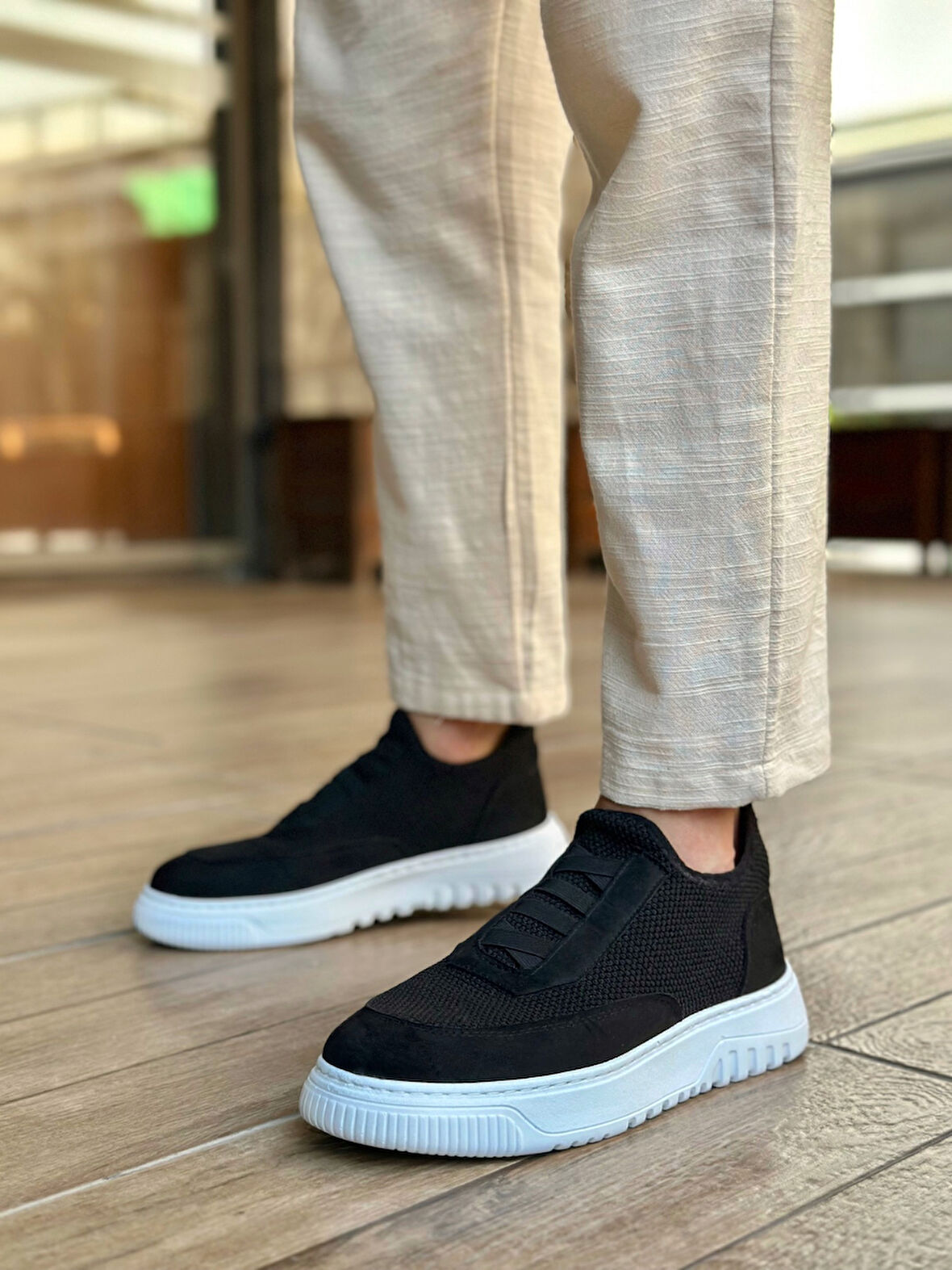 Pabucmarketi Bağcıksız Lastik Detaylı Triko Erkek Hi Sneaker SİYAH (BEYAZ TABAN)