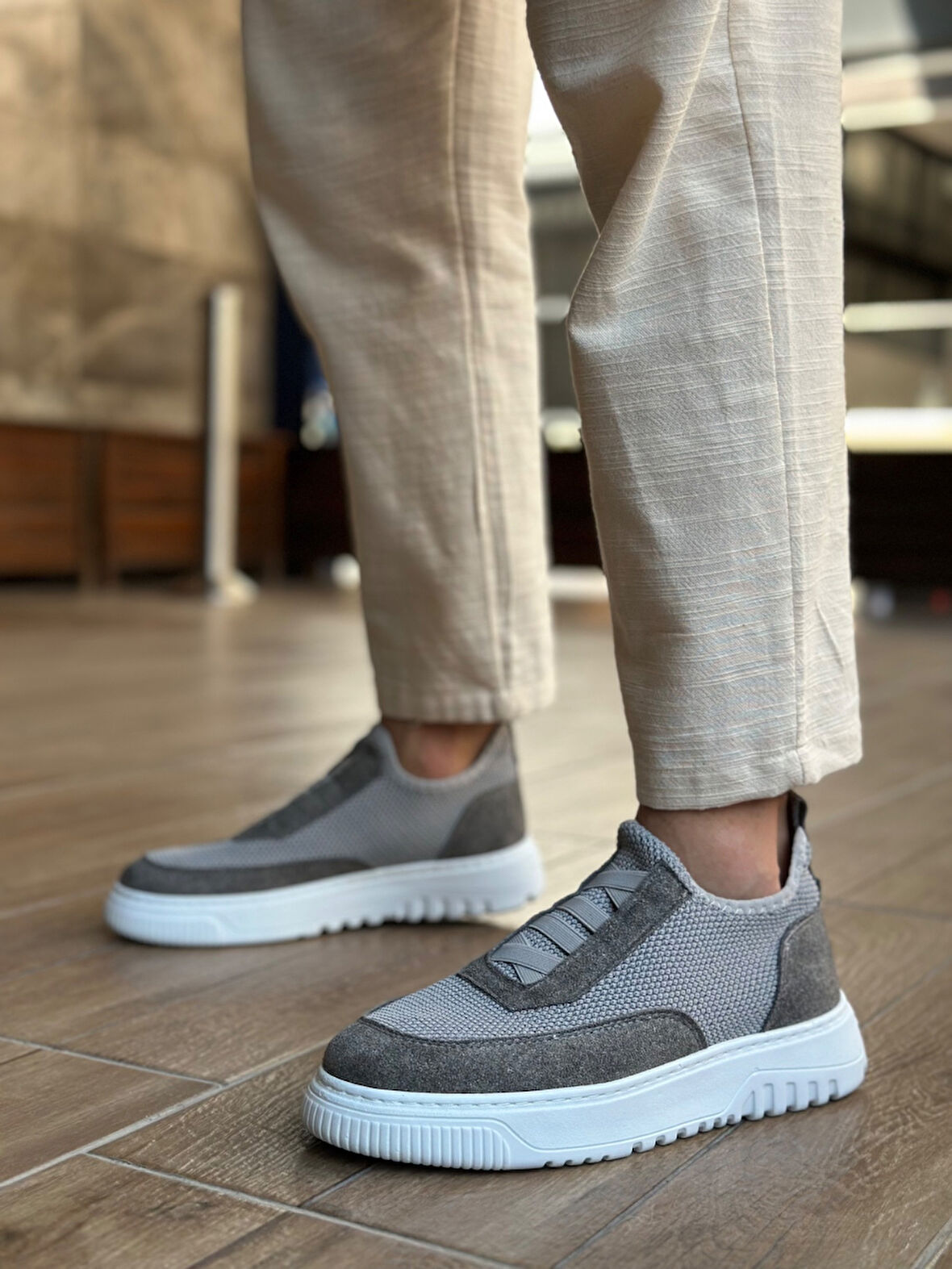 Pabucmarketi Bağcıksız Lastik Detaylı Triko Erkek Hi Sneaker GRİ (BEYAZ TABAN)
