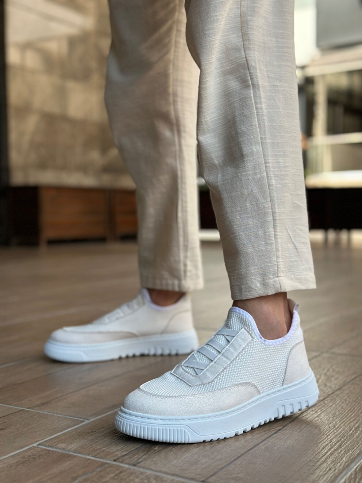 Pabucmarketi Bağcıksız Lastik Detaylı Triko Erkek Hi Sneaker BEYAZ (BEYAZ TABAN)