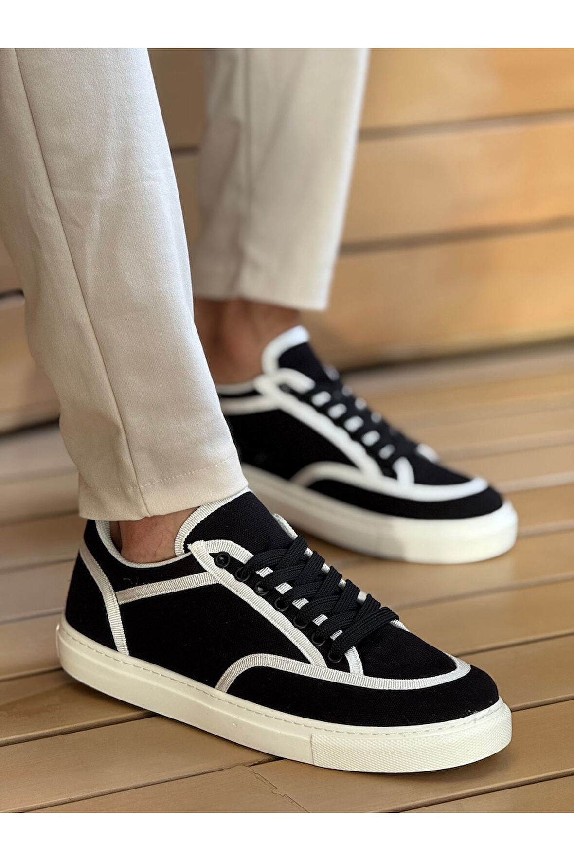 Pabucmarketi Keten Bağcıklı Erkek Günlük Ayakkabı Siyah Beyaz