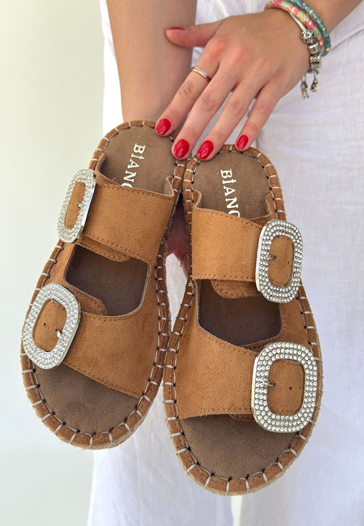 Pabucmarketi Vizon Nubuk Çift Tokalı Kadın Düz Terlik