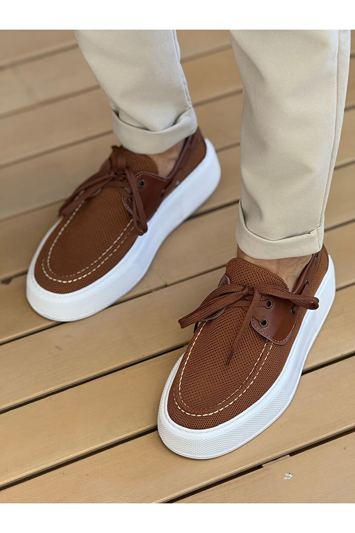 Pabucmarketi Bağcıklı Triko Erkek Casual Ayakkabı Kahve