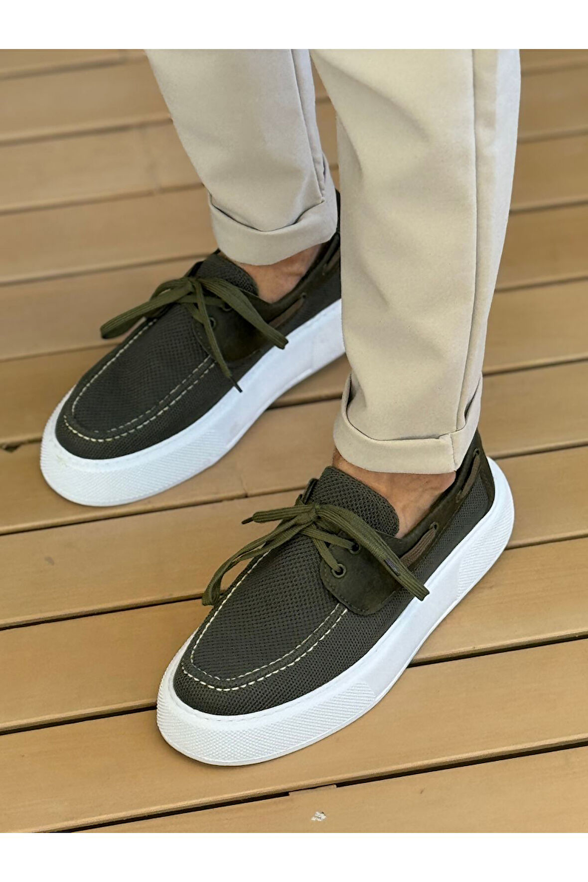 Pabucmarketi Bağcıklı Triko Erkek Casual Ayakkabı Haki