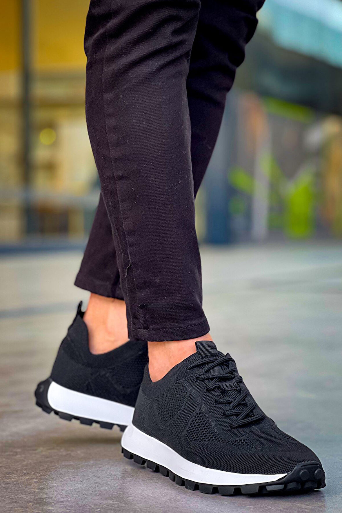 Pabucmarketi Bağcıklı Triko Erkek Sneaker Ayakkabı Siyah