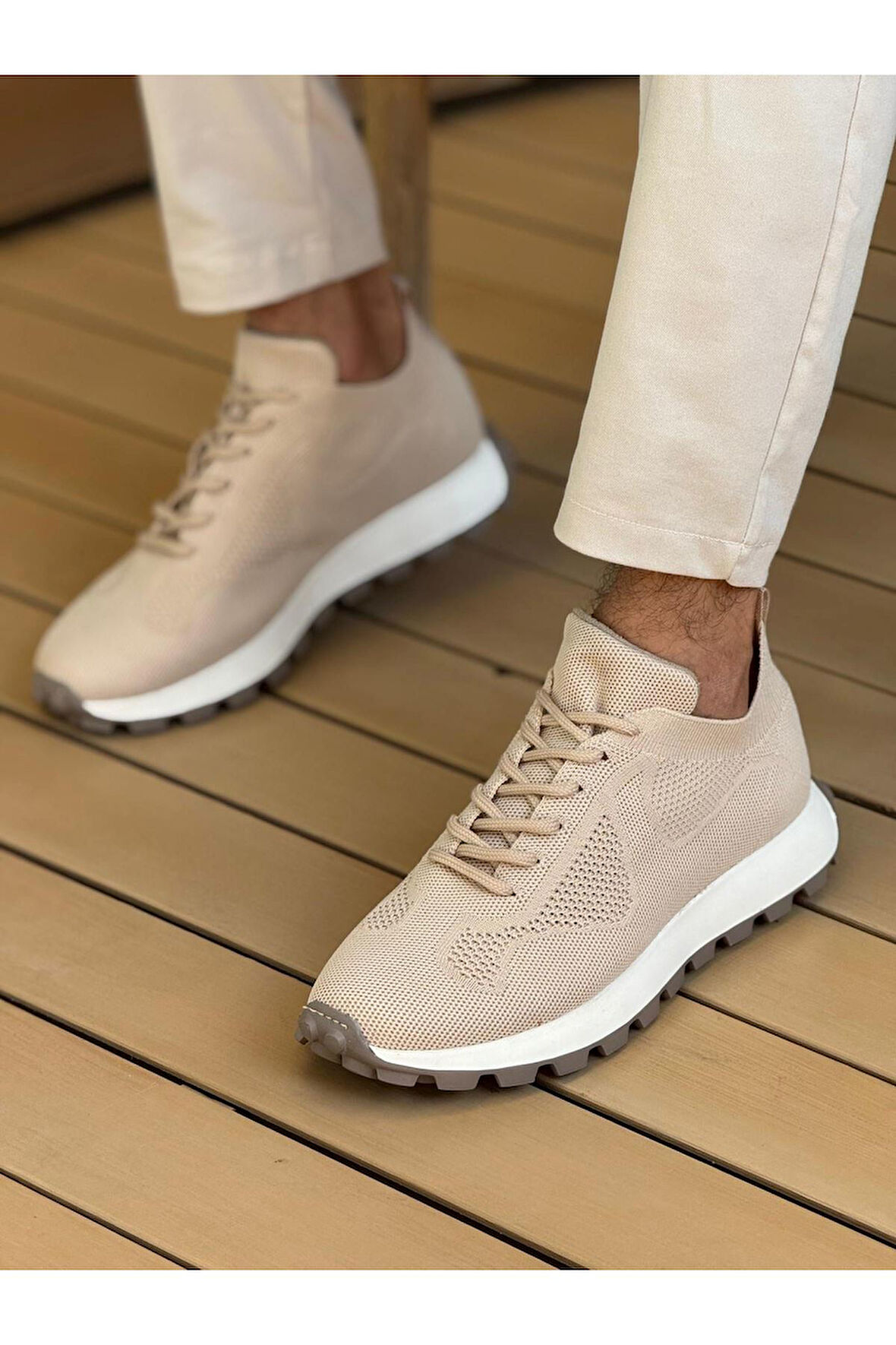 Pabucmarketi Bağcıklı Triko Erkek Sneaker Ayakkabı Bej