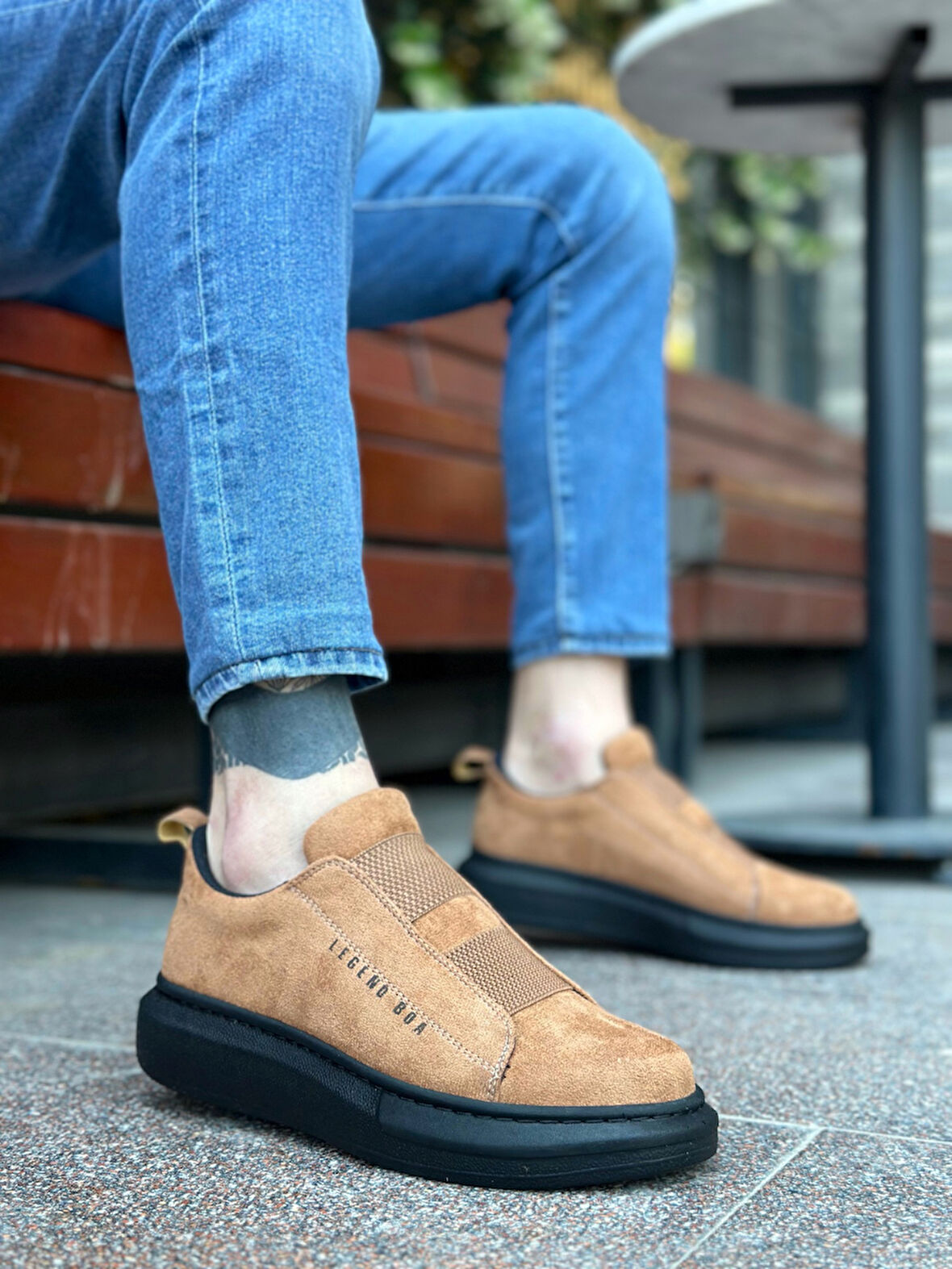 Pabucmarketi Bağcıksız Çift Bant Erkek Ayakkabı TABA (SİYAH TABAN)