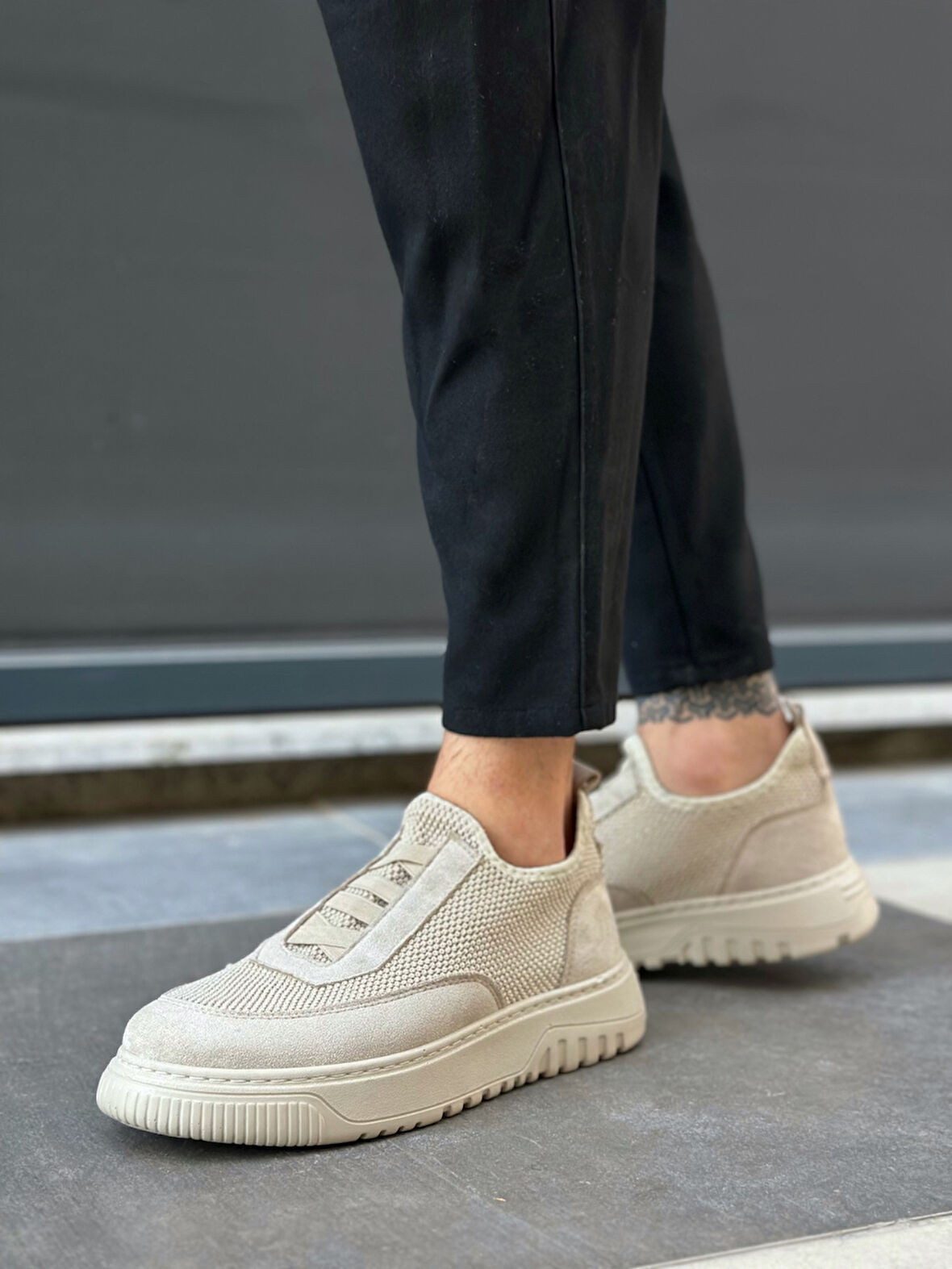 Pabucmarketi Bağcıksız Lastik Detaylı Triko Erkek Hi Sneaker BEJ (BEJ TABAN)