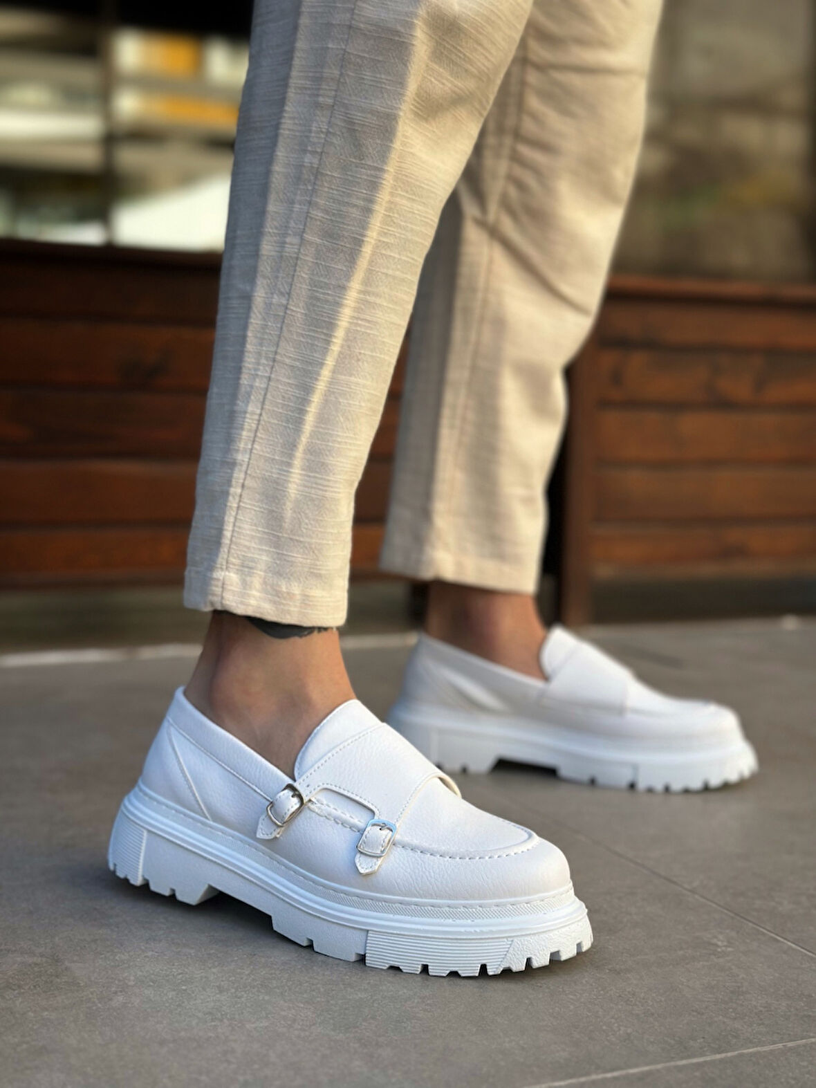 Pabucmarketi Bağcıksız Çift Tokalı Erkek Casual Ayakkabı BEYAZ (BEYAZ TABAN)