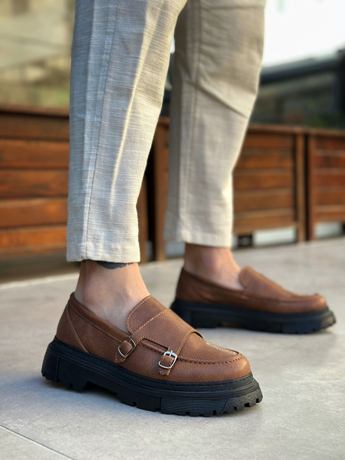 Pabucmarketi Bağcıksız Çift Tokalı Erkek Casual Ayakkabı TABA (SİYAH TABAN)