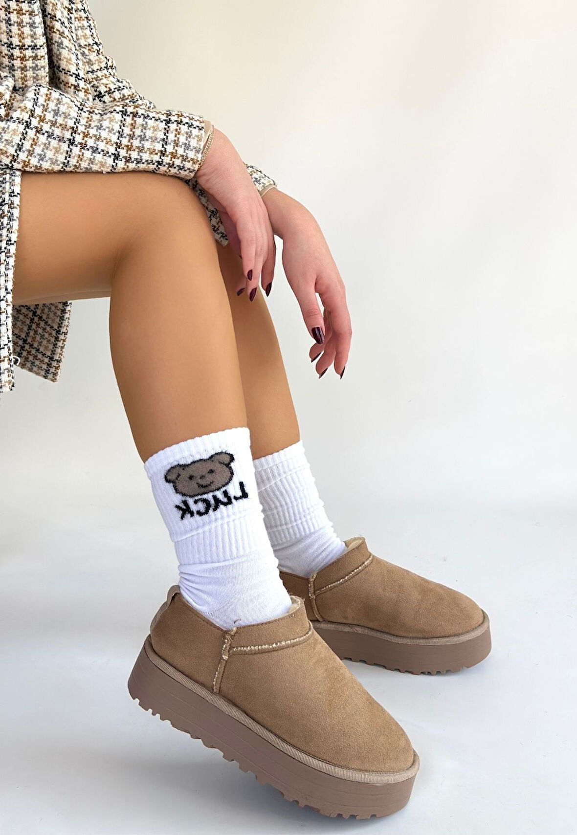 Pabucmarketi Vizon Süet Kürklü Kadın Düz Bootie