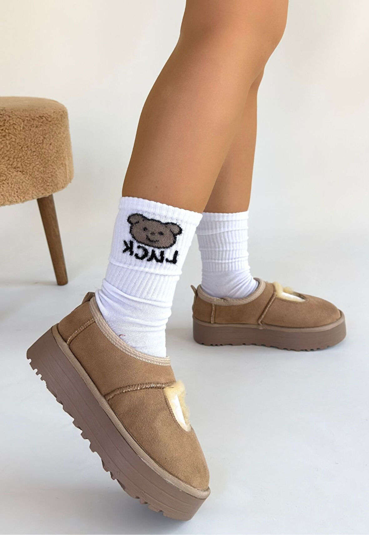 Pabucmarketi Vizon Süet Kürklü Kadın Düz Bootie