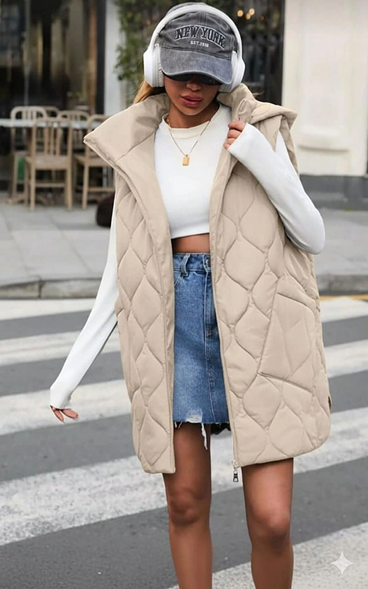 kapşonlu kaiptone uzun yelek