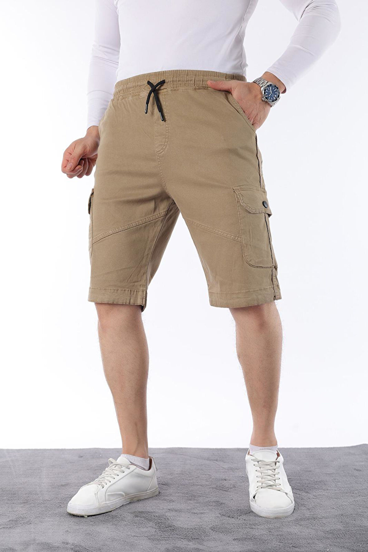 Erkek Comfort Fit Keten Bel Lastikli Cepli Kapri Şort