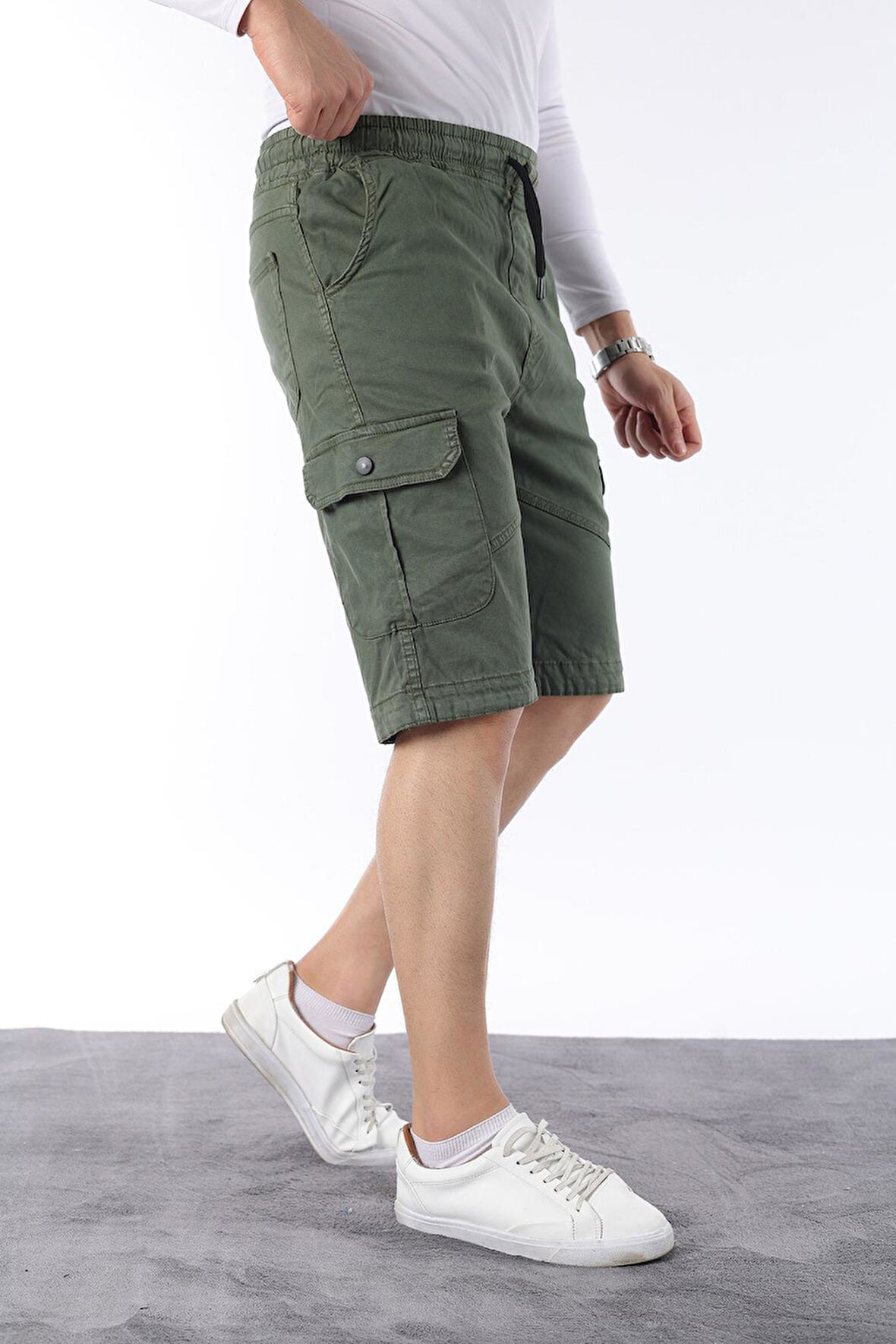 Erkek Comfort Fit Keten Bel Lastikli Cepli Kapri Şort