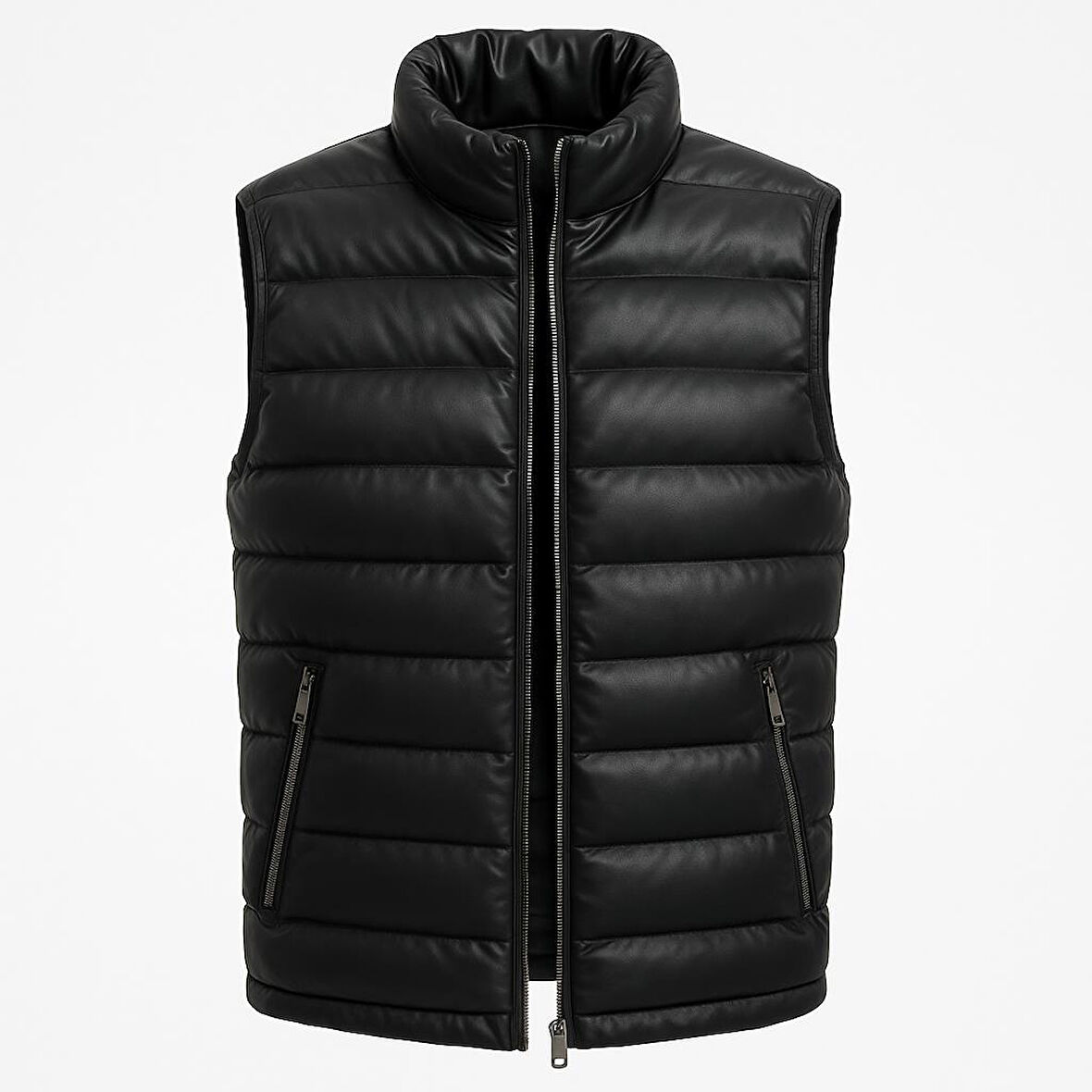 Erkek Slim Fit Fermuarlı Siyah Suni Deri Yelek - 7448