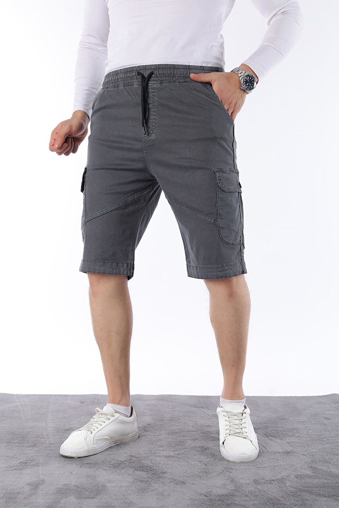 Erkek Comfort Fit Keten Bel Lastikli Cepli Kapri Şort