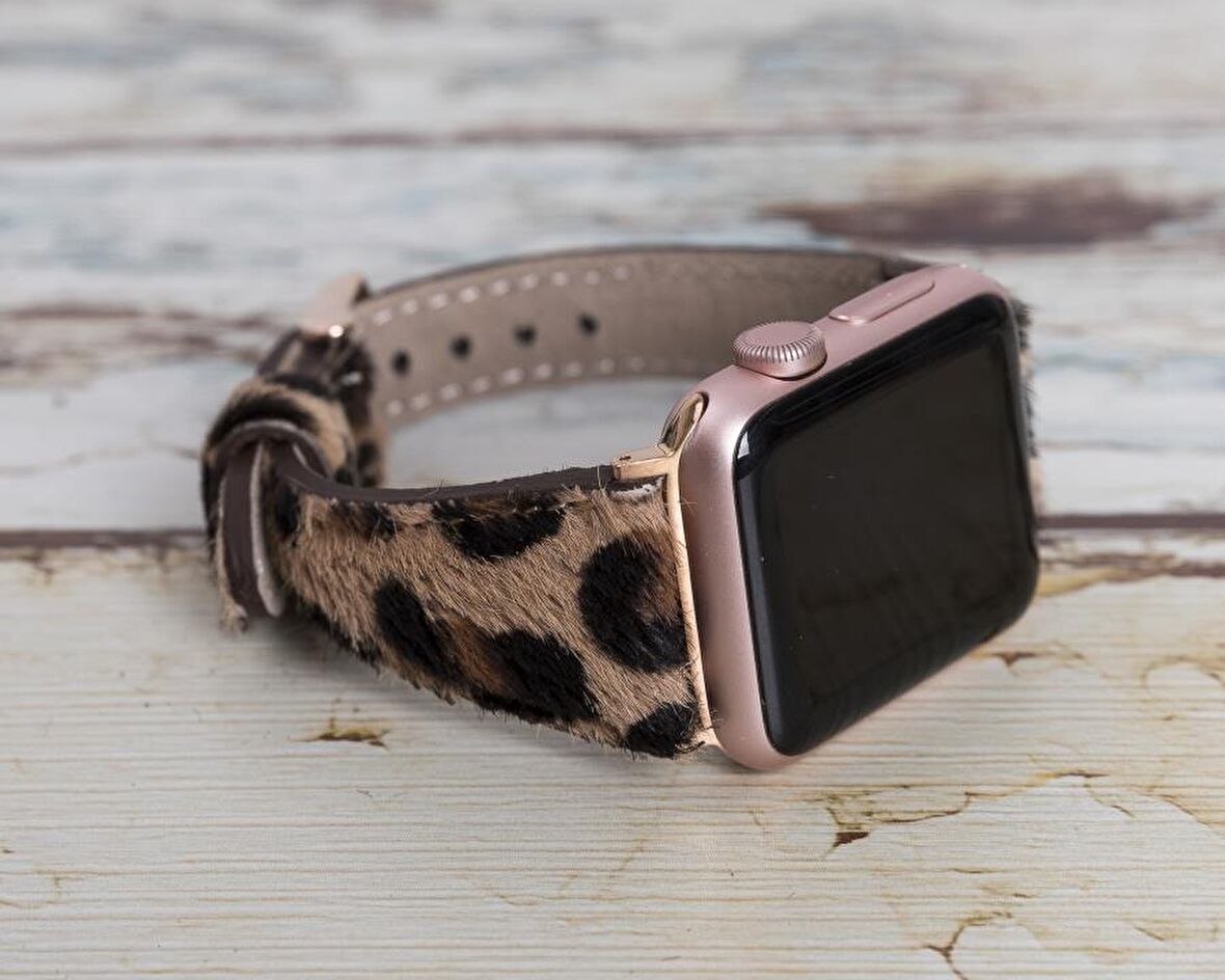 Bouletta Apple Watch Uyumlu Deri Kordon 42-44-45mm Slim LEO1N Tüylü Leopar