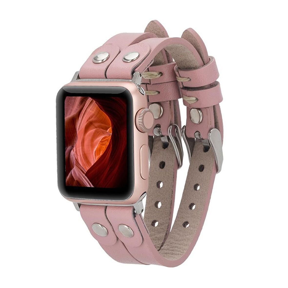 Bouletta Apple Watch Uyumlu Deri Kordon Ely Double Tour Silver Trk NU2 Pembe